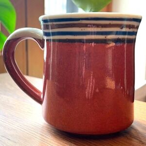 Vintage Studio Pottery Coffee Mug Rust Red Stripe Rim Rustic Farmhouse Kitchen